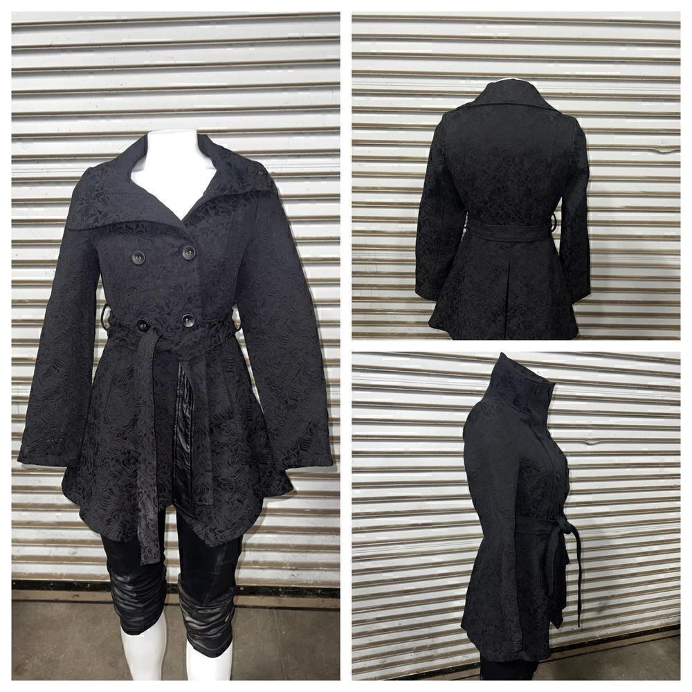Indus+ry coat black career floral brocade long sleeve belted double button